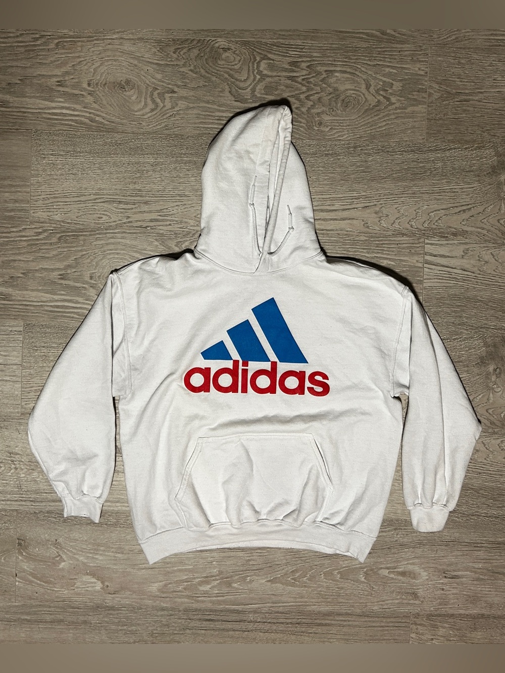 adidas White Zip-Up Hoodie with Blue Logo and Red Script